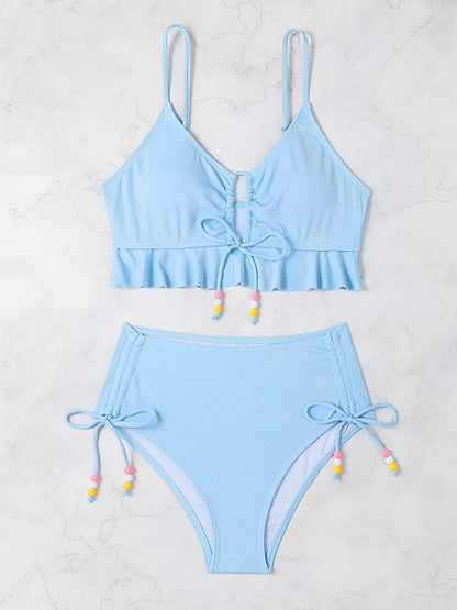 2026 High Waist Bikini Women Drawstring Swimwear Female Ruffle Swimsuit Solid Bathers Bathing Swimming Swim Suit Beachwear