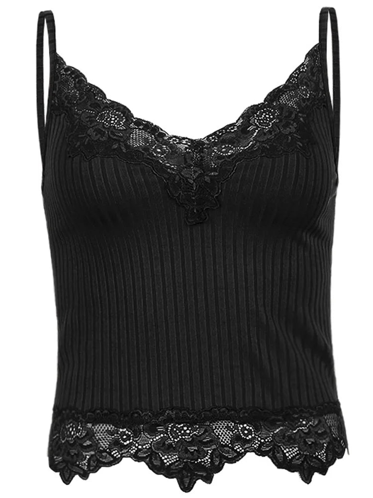 Gothic Basic Bodycon Women Camis Grunge Punk Black Casual Lace Trim Crop Tops Ribbed Backless Alt Clothes Summer